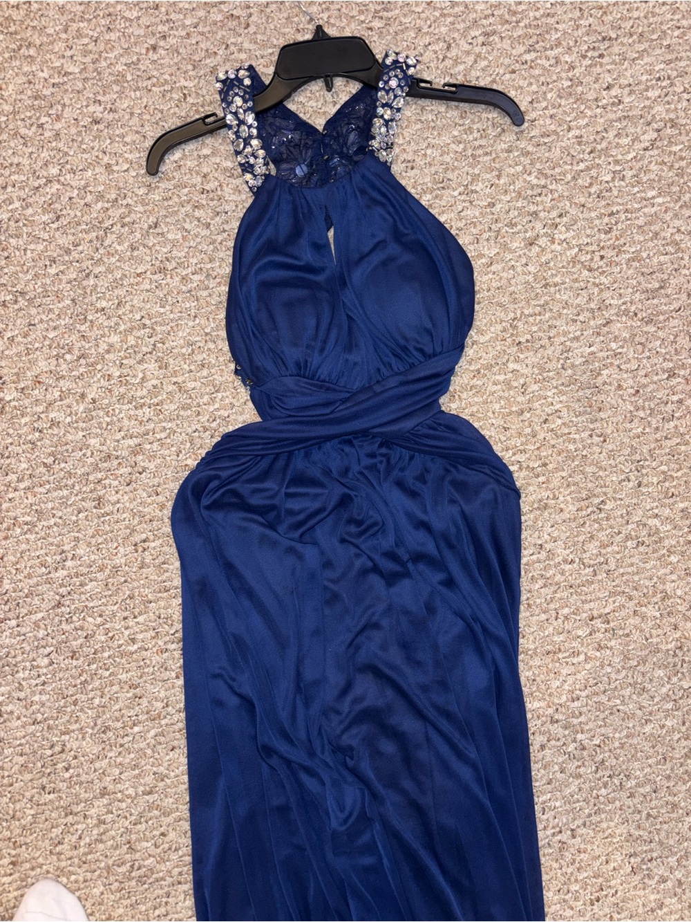 Long Navy Formal Dress with Keyhole & Sequin Detais
